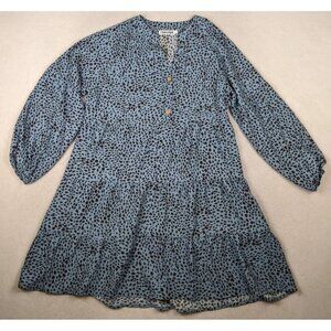 TEMOFON - WOMEN'S BLUE ANIMAL PRINT LONG SLEEVE A-LINE SHIFT DRESS - M